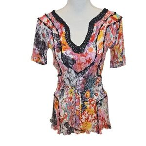 Alberto Makali Y2K Euro‎ Fairy Multicolor Crochet Top Blouse Short Sleeve Medium
